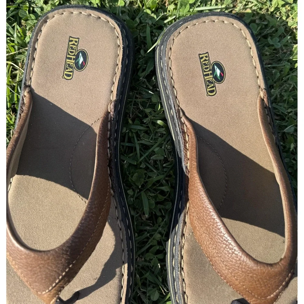 RedHead Sandals Mens Size 13 Brown Leather Thong Flip Flop Cushioned Casual